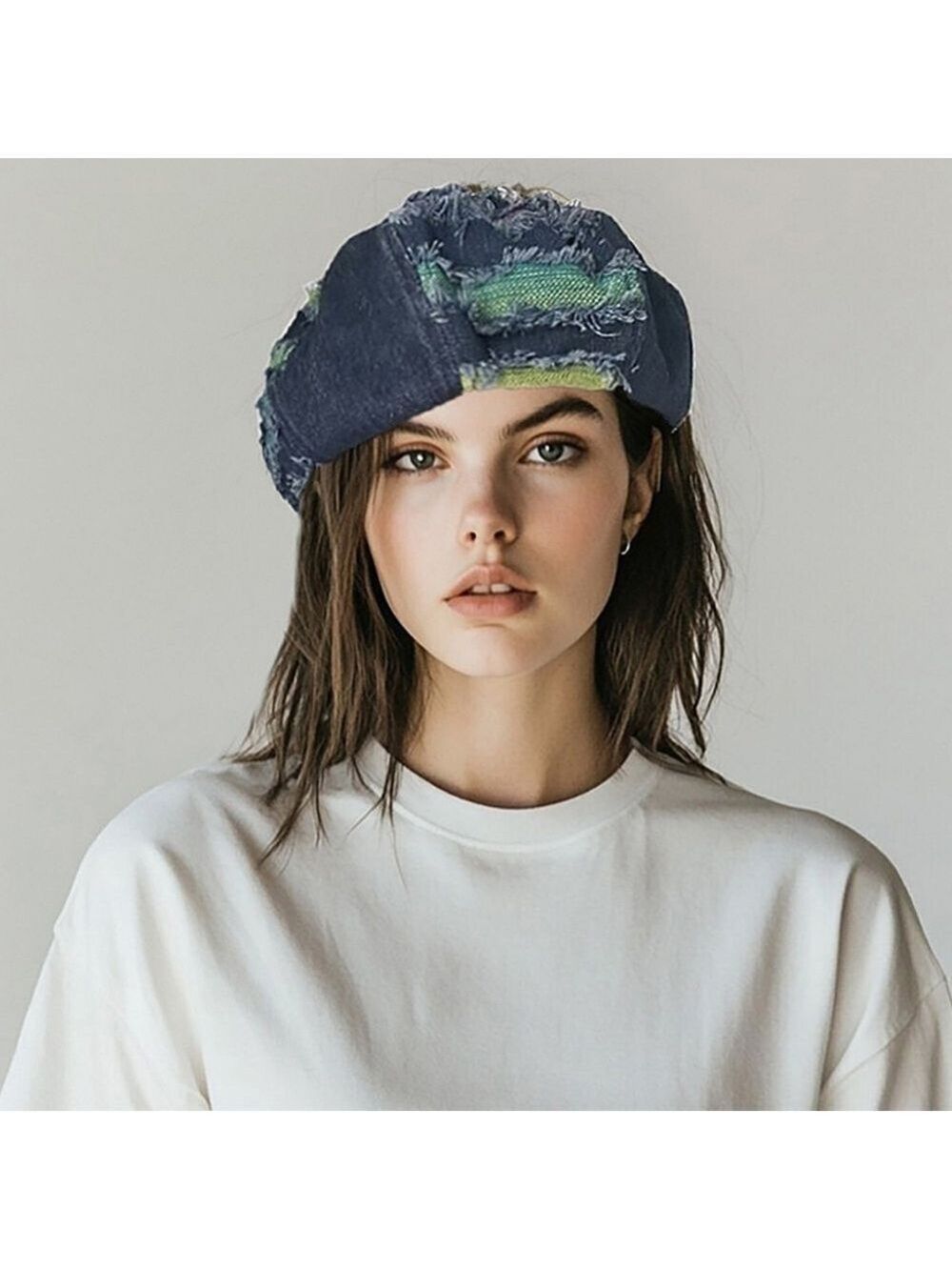 Denim Beret with Multicolor Fringe